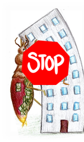 Stop Bed Bugs Illustration of a bug climbing a tall building